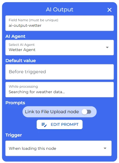AI Output node configuration for the weather lookup agent, showing the automatic trigger and status message