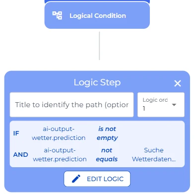 Logical-Condition-Knoten, der sicherstellt, dass das Wetterergebnis vorliegt, bevor die Plausibilitätsprüfung startet
