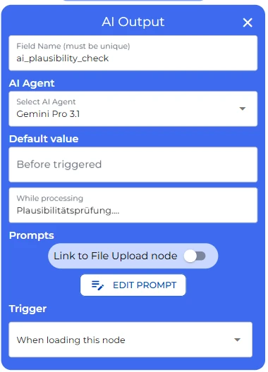 Konfiguration des AI-Output-Knotens für den Plausibilitätsprüfungs-Agenten mit automatischem Trigger und Statusmeldung