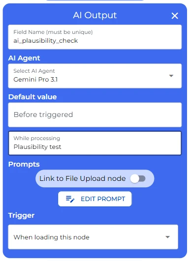 AI Output node configuration for the plausibility check agent, showing the automatic trigger and status message