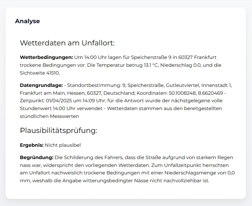Wetter- und Plausibilitätsbericht im Frontend der Verkehrsrecht Plausibilitätsprüfung