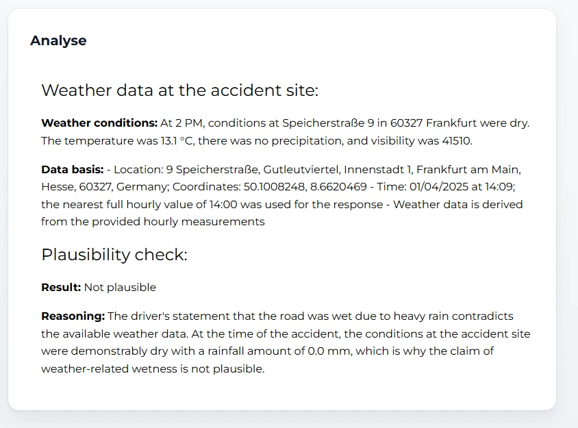 Weather and plausibility report on the Traffic Law Plausibility Check front end