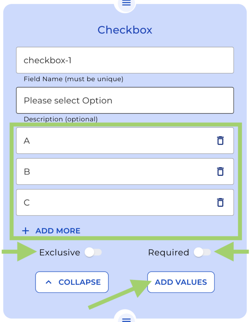 Add options to checkbox node