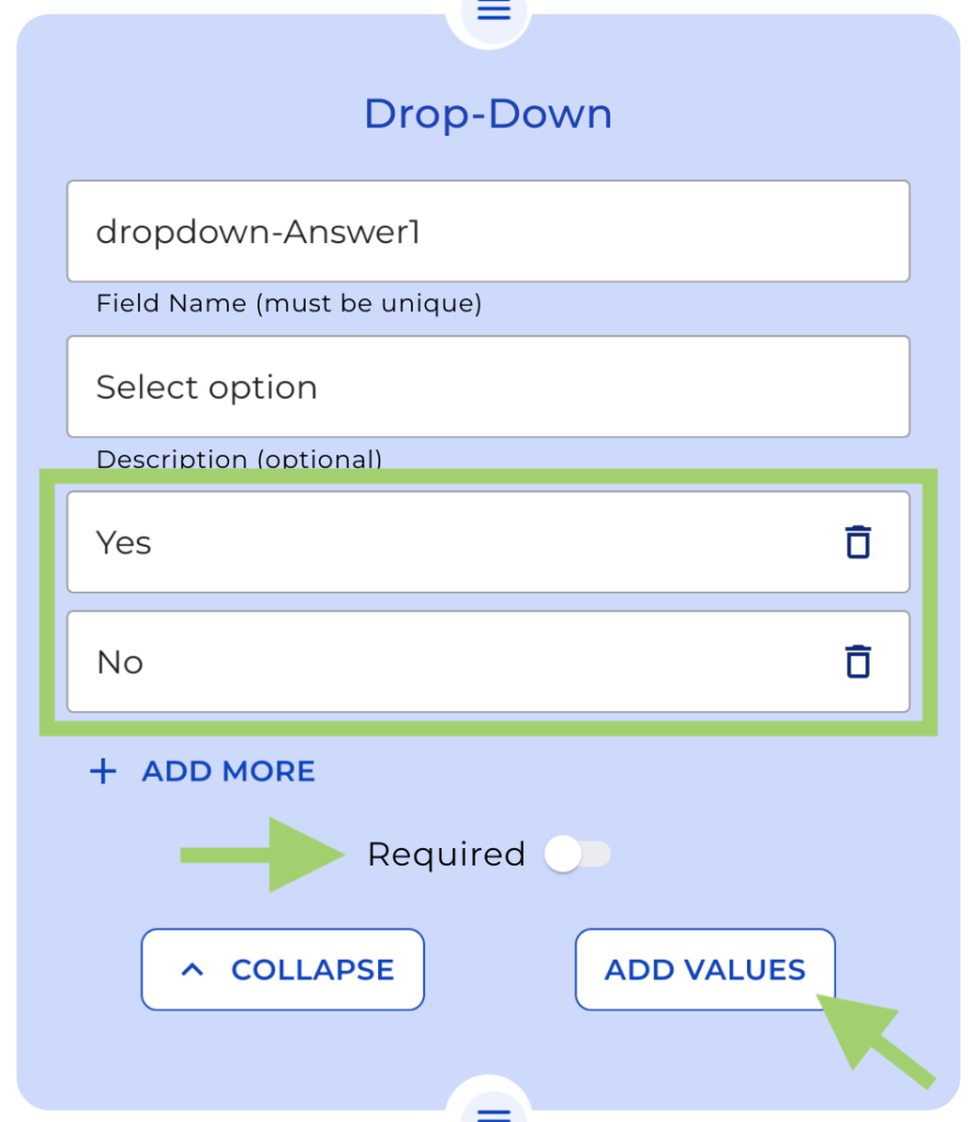 Dropdown options