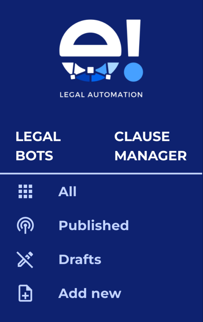 Dashboard left menu showing legal bots section.