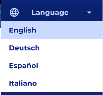 Dashboard left menu showing Language section