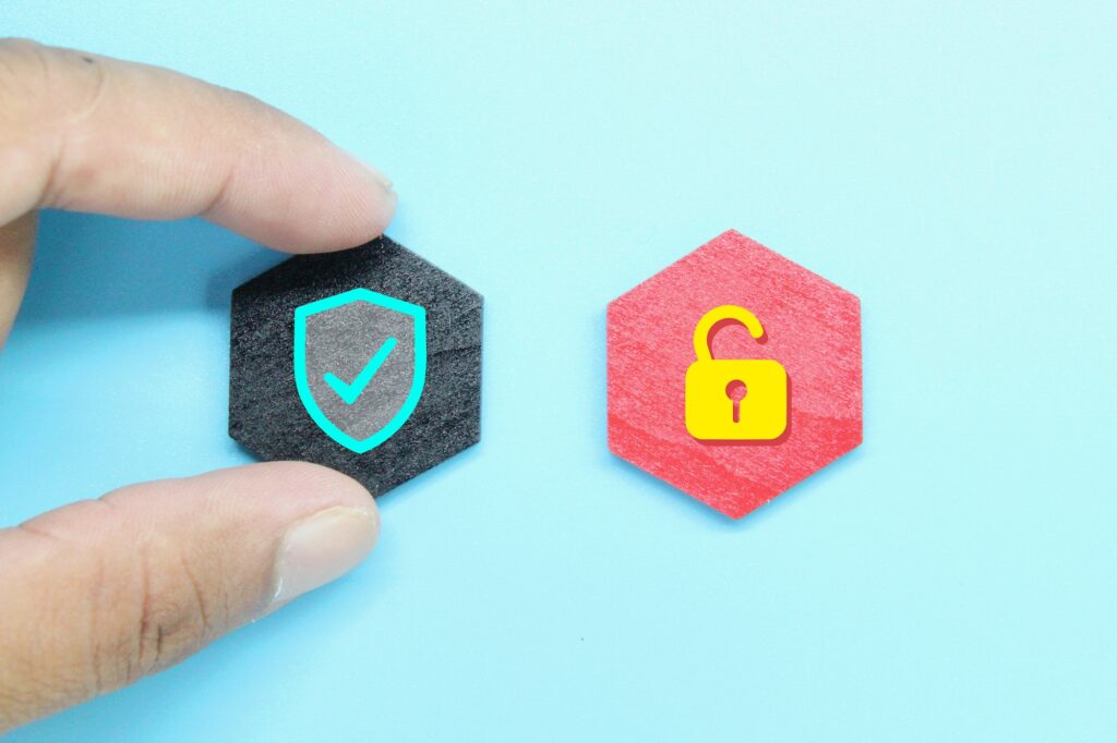 Security Risks:hexagon with security and Unsecure icons.