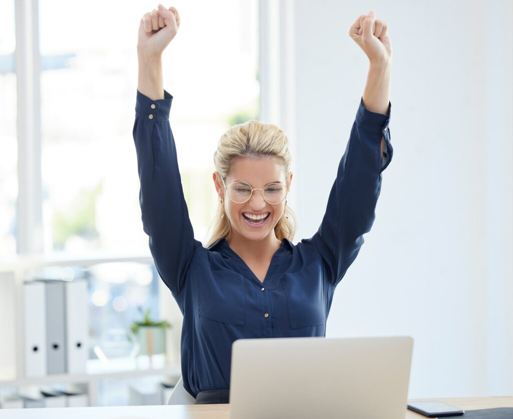 Customer Satisfaction, lawyer woman celebrating success