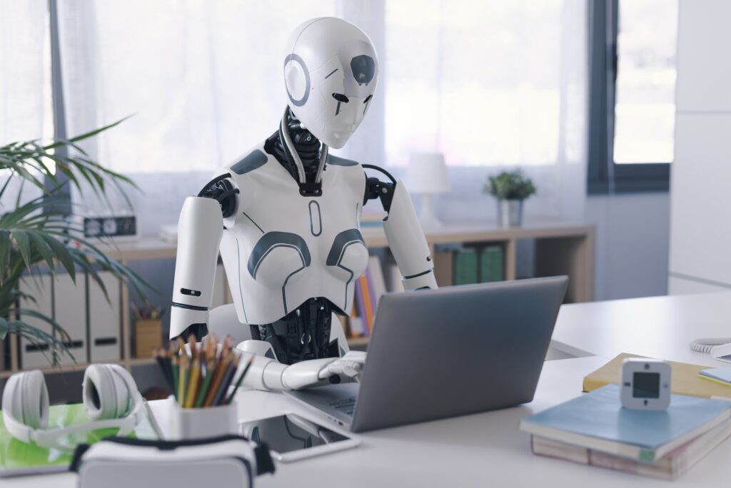 No-code Legal automation Tools can reduce stress at work. robot working on a computer